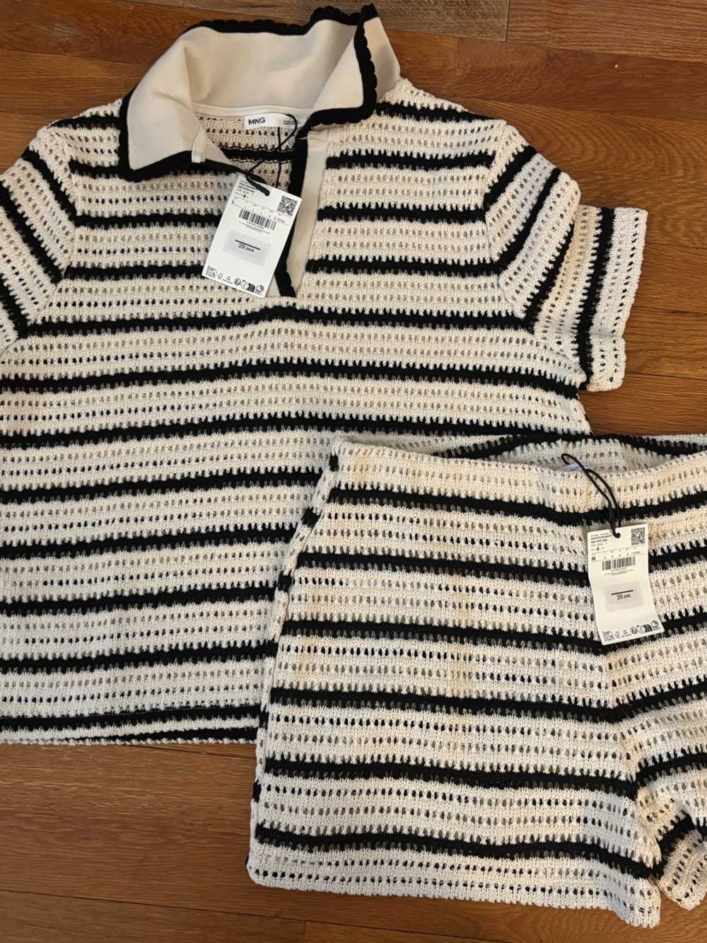 NWT- MANGO Striped Knit Polo Top + Shorts Set - Black & Cream (top-L, bottom- M)